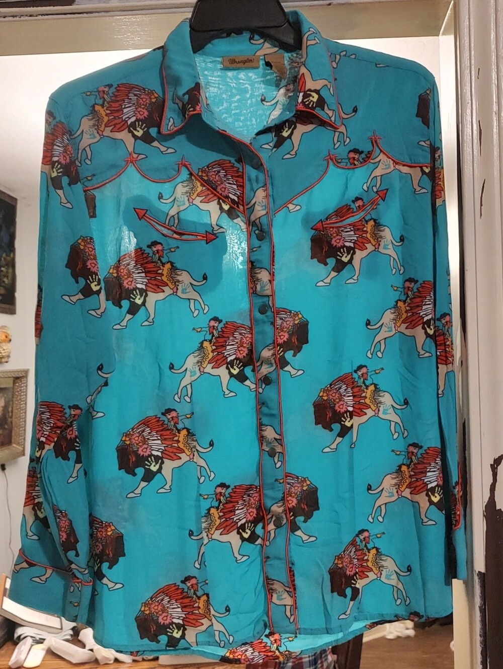 Wranglers Shirt Turquoise Snap Front Red Piping Novelty Western XL